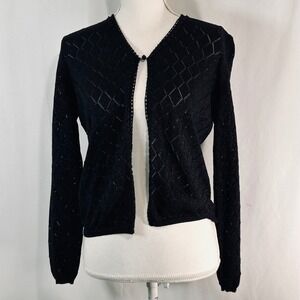 Valerie Stevens Evening Black Shimmer Pointelle Beaded Cardigan Sweater S